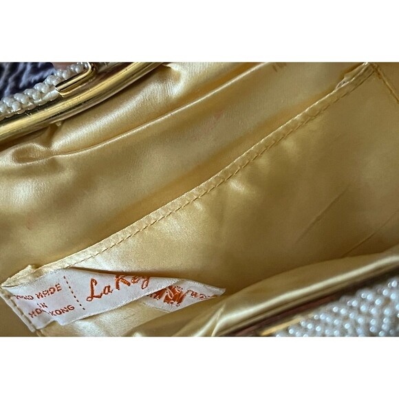 vintage la regale beaded purse White Beads Yellow Satin Lining Chain Handmade HK - Picture 9 of 11